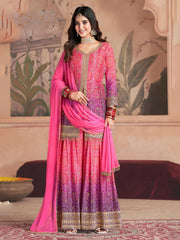 Embroidered Chinon Kurti With Plazzo & Dupatta