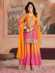 Embroidered Chinon Kurti With Plazzo & Dupatta