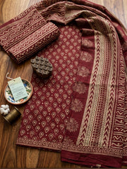 Printed Cotton Blend Unstitched Suit With Pant & Dupatta