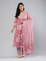 Printed Cotton Blend Kurta With Pants & Dupatta