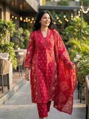 Printed Cotton Blend Kurta With Pant & Dupatta
