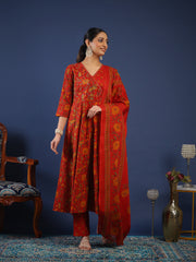 Printed Cotton Kurta With Pant & Dupatta