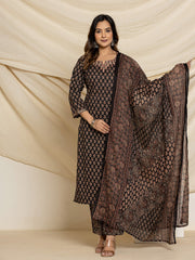 Printed Cotton Blend Kurta With Pants & Dupatta