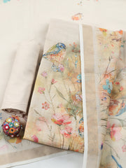 Printed Linen Blend Unstitched Suit With Pant & Dupatta
