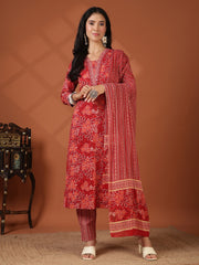 Printed Cotton Blend Kurta With Pant & Dupatta