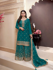 Embroidered Chinon Unstitched Suit With Pant & Dupatta