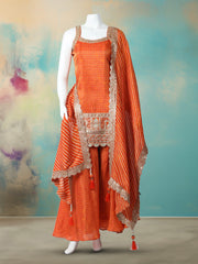 Woven Design Tissue Stitched Kurta With Sharara & Dupatta