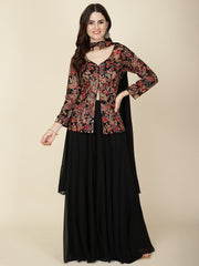 Resham Embroidered Georgette Jacket Style Top With Sharara & Dupatta