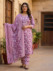 Printed Cotton Blend Kurta With Pant & Dupatta