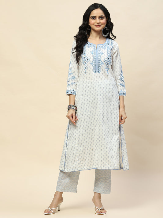 Neck Embroidered Cotton Straight Kurta With Pant