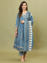 Floral Printed Cotton Blend Blue Suit With Pant & Dupatta