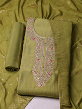Embroidered Chanderi Pista Green Unstitched Suit With Pant & Dupatta