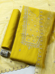 Embroidered Chanderi Unstitched Suit With Pant & Dupatta