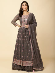 Resham Sequence Embroidered Georgette Kurta With Skirt & Dupatta