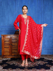Embroidered Muslin Kurta With Pants & Dupatta