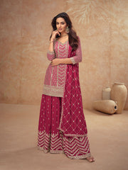 Embroidered Chinon Kurta With Plazzo & Dupatta