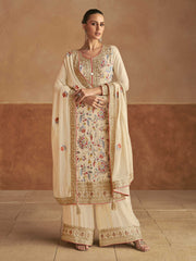 Embroidered Chinon Kurta With Plazzo & Dupatta