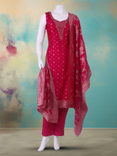 Embroidered Art Silk Rani Suit With Pant & Dupatta