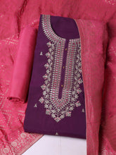 Embroidered Chanderi Purple Unstitched Suit With Pant & Dupatta