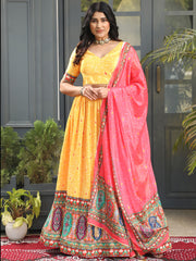 Bandhani Print Satin Unstitched Lehenga Choli With Dupatta