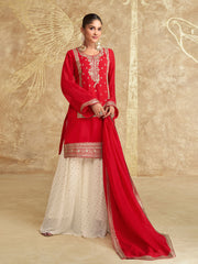 Embroidered Chinon Silk Kurta With Skirt & Dupatta