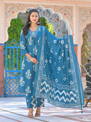 Floral Printed Cotton Kurta With Pants & Dupatta