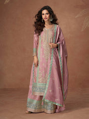 Embroidered Simar Silk Kurta With Plazzo & Dupatta