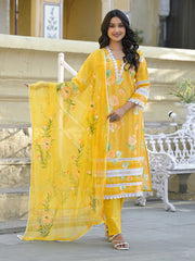 Printed Cotton Blend Kurta With Pants & Dupatta