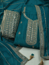 Embroidered Chinon Lake Blue Unstitched Suit With Pant & Dupatta
