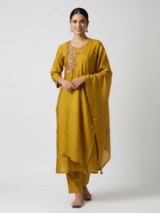 Printed Art Silk Kurta With & Dupatta