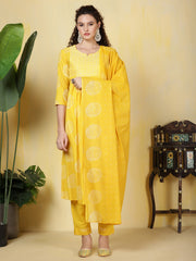 Printed Cotton Blend Kurta With Pants & Dupatta