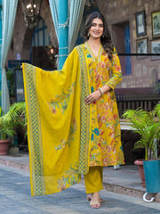 Digital Printed Cotton Blend Kurta With Pants & Dupatta