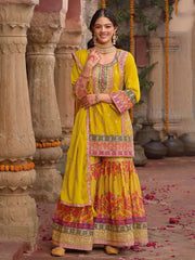 Embroidered Chinnon Silk Kurti With Gharara & Dupatta