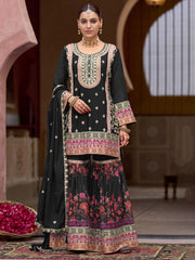 Embroidered Chinon Kurti With Plazzo & Dupatta