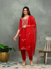 Resham Work Art Silk Kurta With Pants & Dupatta
