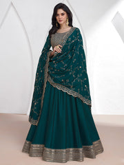 Embroidered Silk A Line Gown With Dupatta