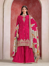 Embroidered Chinnon Semi Stitched Kurta With Sharara & Dupatta