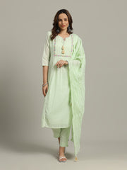 Thread Hand Embroidery Cotton Mulmul Kurta With Pants & Dupatta