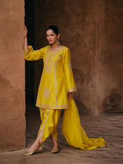 Resham Sequin Work Chinnon Kurti With Dhoti & Dupatta