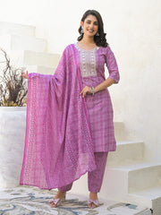 Floral Printed Cotton Kurta With Pants & Dupatta