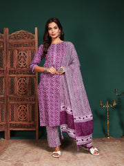 Printed Cotton Blend Kurta With Pant & Dupatta