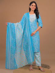 Printed Cotton Blend Kurta With Pants & Dupatta