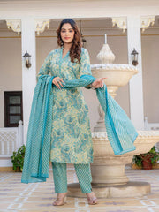 Printed Cotton Blend Kurta With Pants & Dupatta