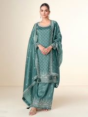 Embroidered Tissue Crush Kurta With Plazzo & Dupatta