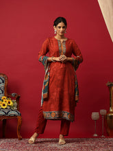 Printed Muslin Maroon Kurta With Pant & Dupatta