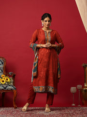 Printed Muslin Maroon Kurta With Pant & Dupatta