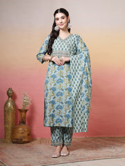 Printed Cotton Kurta With Pant & Dupatta