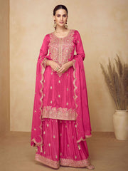 Embroidered Chinnon Kurta With Plazzo & Dupatta