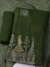 Woven Design Chanderi Green Unstitched Suit With Pant & Dupatta
