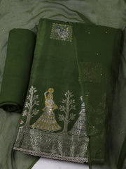 Woven Design Chanderi Green Unstitched Suit With Pant & Dupatta